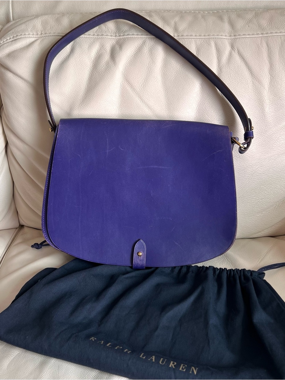 Ralph Lauren Deep Purple Leather Shoulder Saddle Bag with Dust Bag